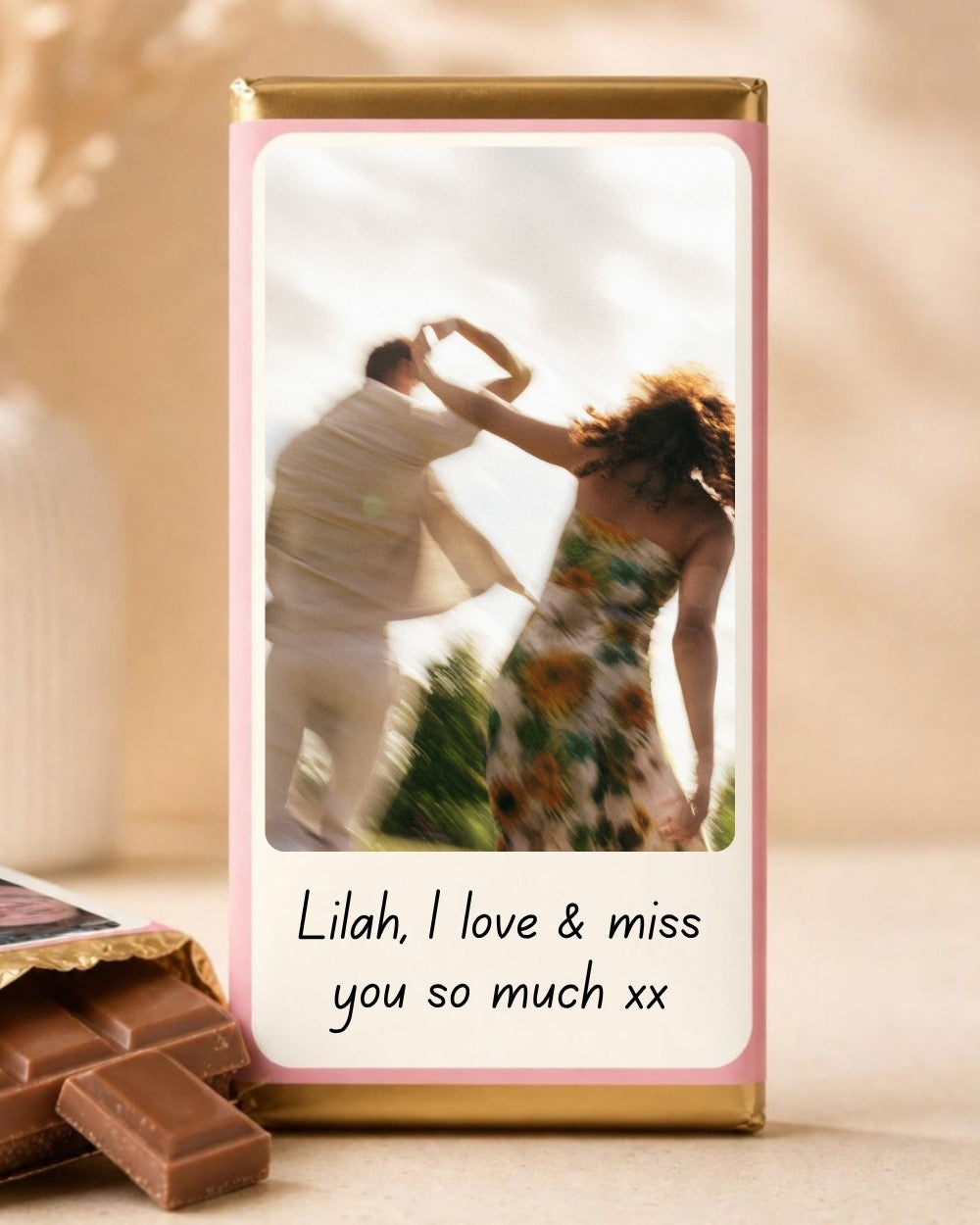 Personalised chocolate block with a printed photo and message from Bouqk