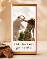 Personalised chocolate block with a printed photo and message from Bouqk