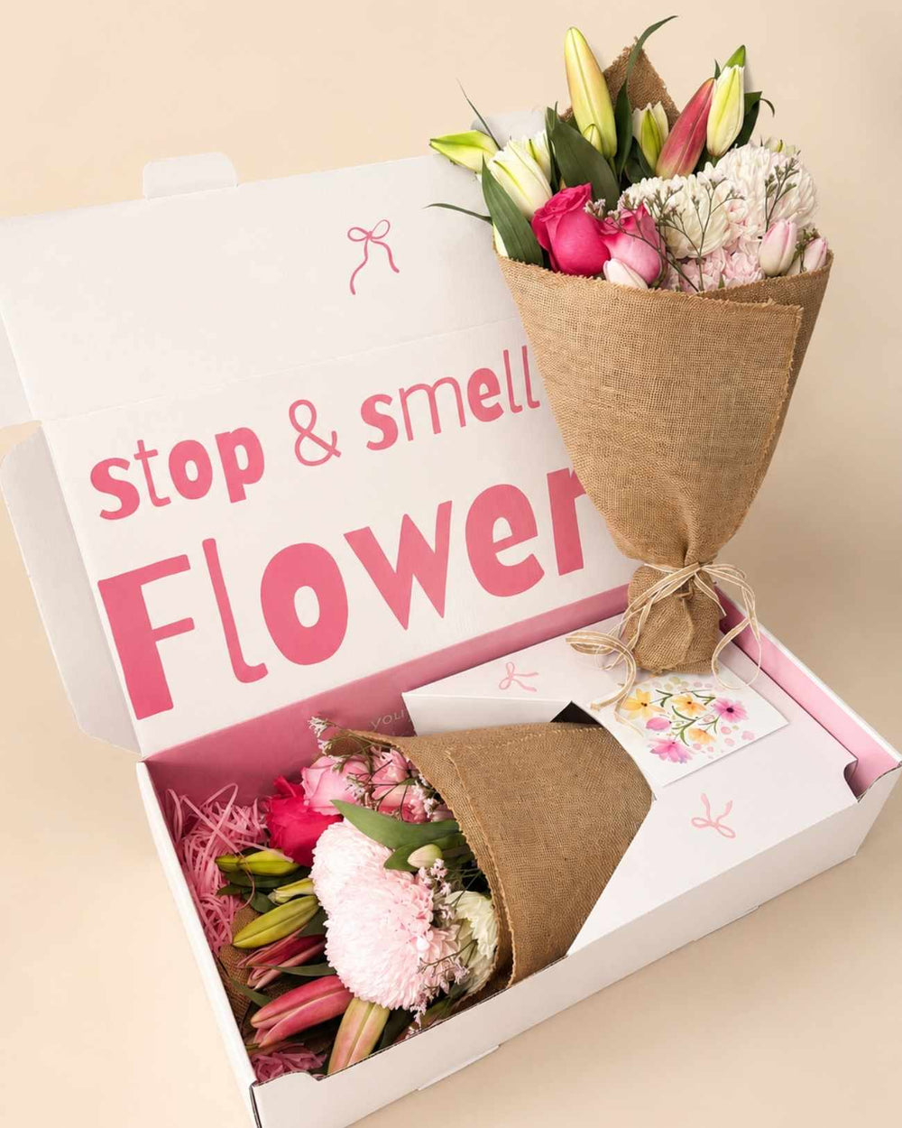 The Rustic Bouqk hessian-wrapped seasonal bouquet in a Bouqk gift box