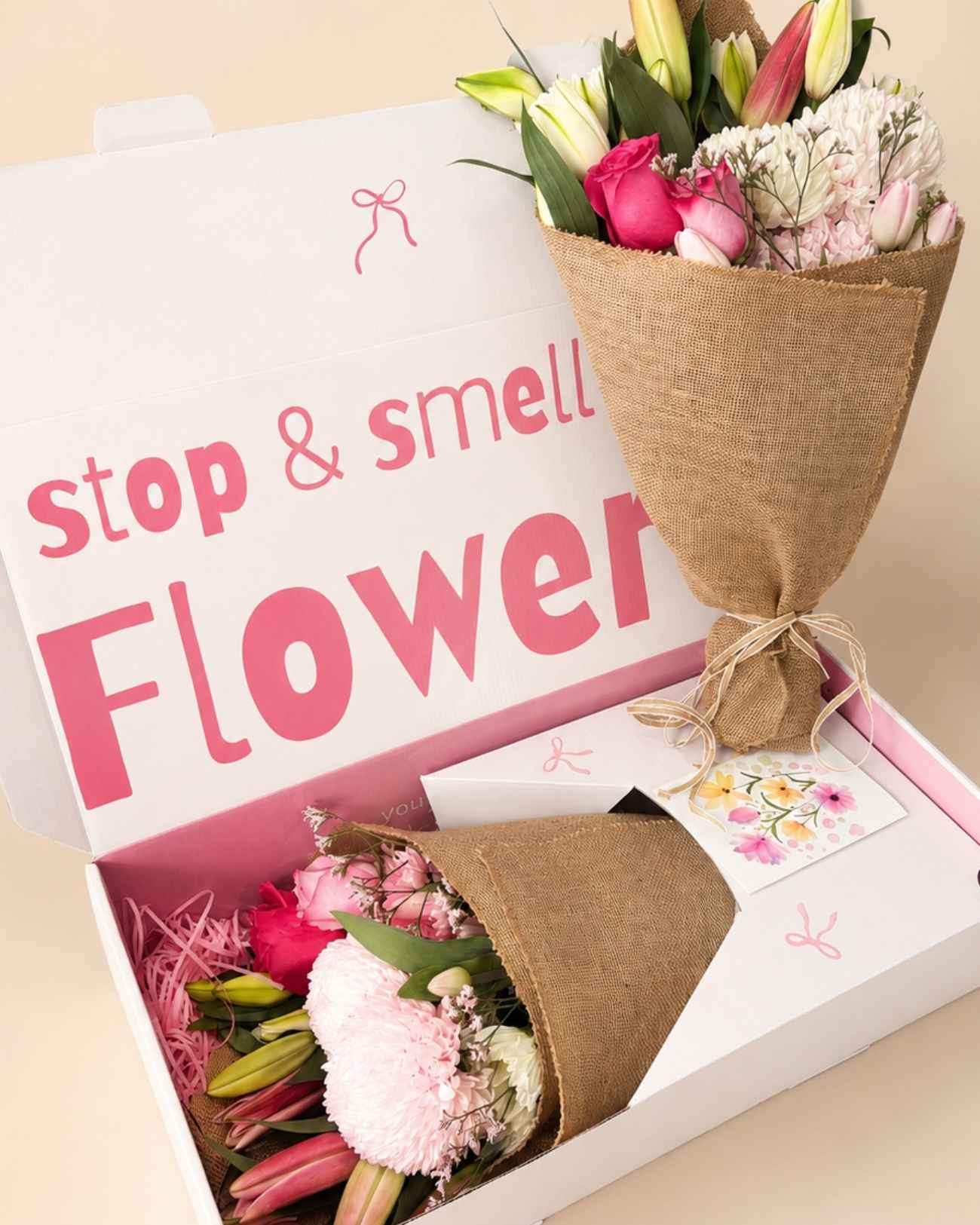 The Rustic Bouqk hessian-wrapped seasonal bouquet in a Bouqk gift box