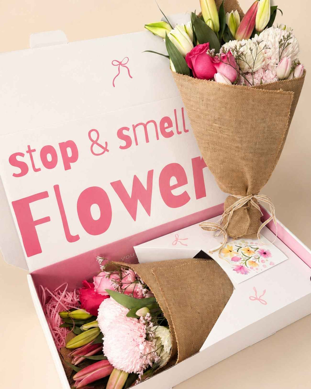 The Rustic Bouqk hessian-wrapped seasonal bouquet in a Bouqk gift box